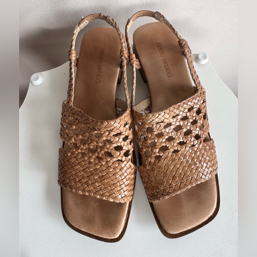 Sesto Meucci Ohanna Camel Woven Leather Slingback Sandals 7.5 Made in Italy - Picture 3 of 9
